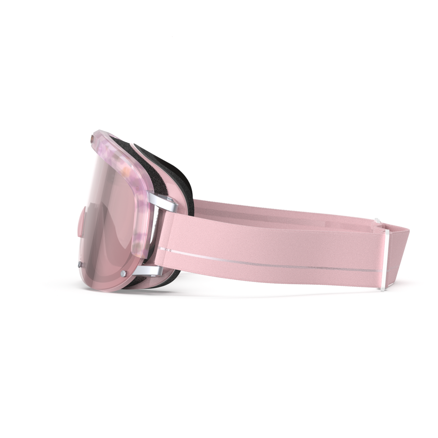Pink goggles with a clear lens on a white background